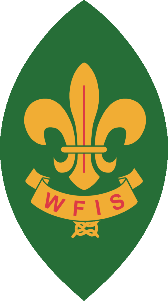 Dieses Bild zeigt das Logo der «Logo der «World Federation of Independet Scouts». Es handelt sich dabei um eine oben und unten spitz zulaufende, grüne, ovale Fläche, auf der eine stilisierte goldene Lilie sowie ein goldenes Schriftband mit den in Rot gehaltenen Buchstaben WFIS angebracht sind.